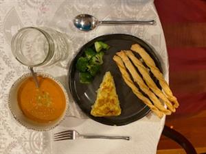Delugach/Melamut Family's Full Menu (Cheese Straws, Tomato Soup, Tortilla de Patatas...Brownie in the next photo!)